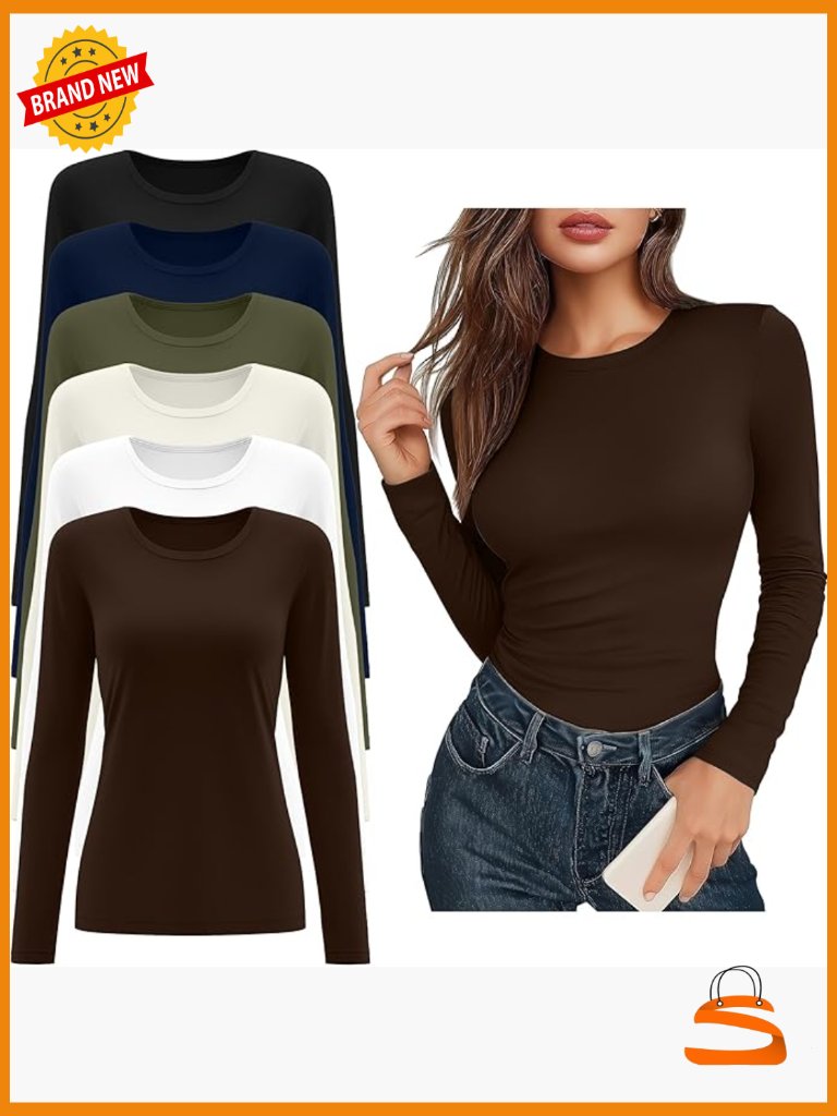 6 Pack Women's Long Sleeve Fitted Tees Crew Neck Layering T-Shirts